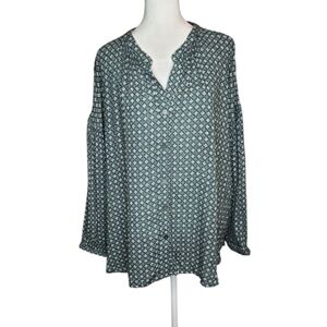 NEW J Jill Green Geometric Floral Print Button Down Top with Smocking Detail XL